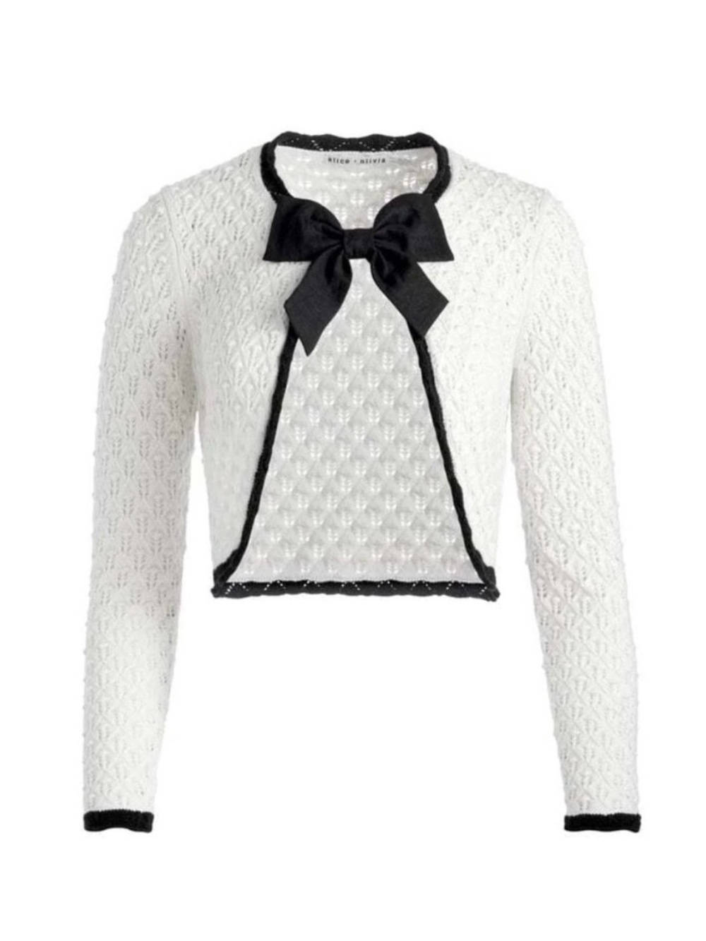 Alice + Olivia White Knit Cropped Cardigan with Black Trim and Bow